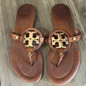 Tory Burch Brown Leather Miller Sandal Gold Medallion